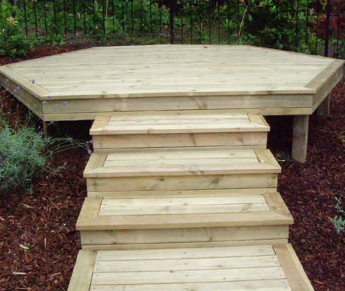 Hexagonal treated softwood deck.